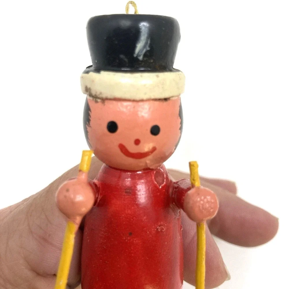 Vintage Wood Gnome Elf On Wooden Skis Christmas Ornament 3‎ inch 1985